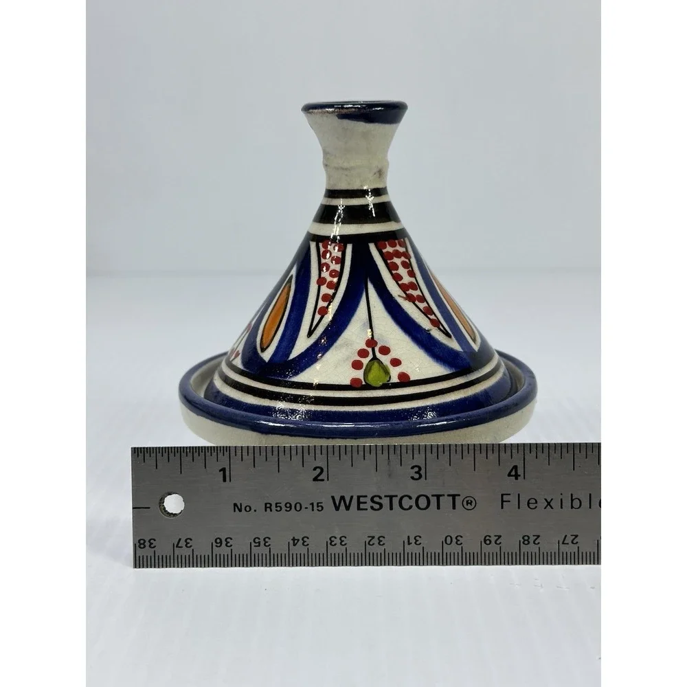 Vintage Small Moroccan Terracotta Tagine Pot Hand‎ Painted Glazed Morocco Signed